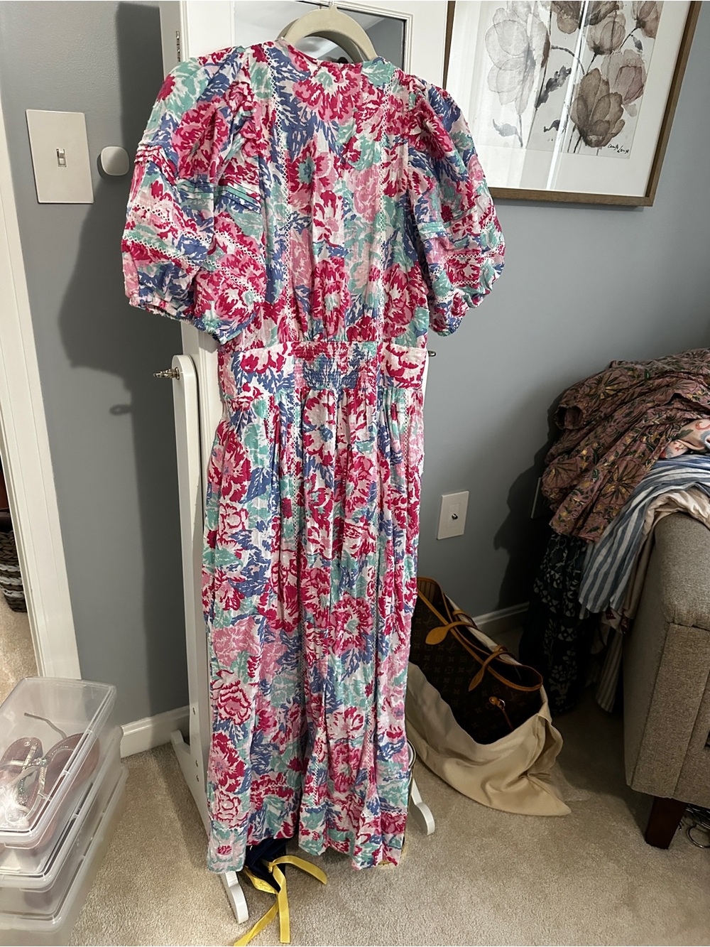 Poupette St. Barth Floral Puff-Sleeve Midi Dress in Pink, Blue, Green - Picture 5 of 5